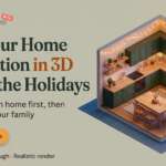 2D floor plan turning into a 3D home", "family looking at a 3D kitchen design on a screen