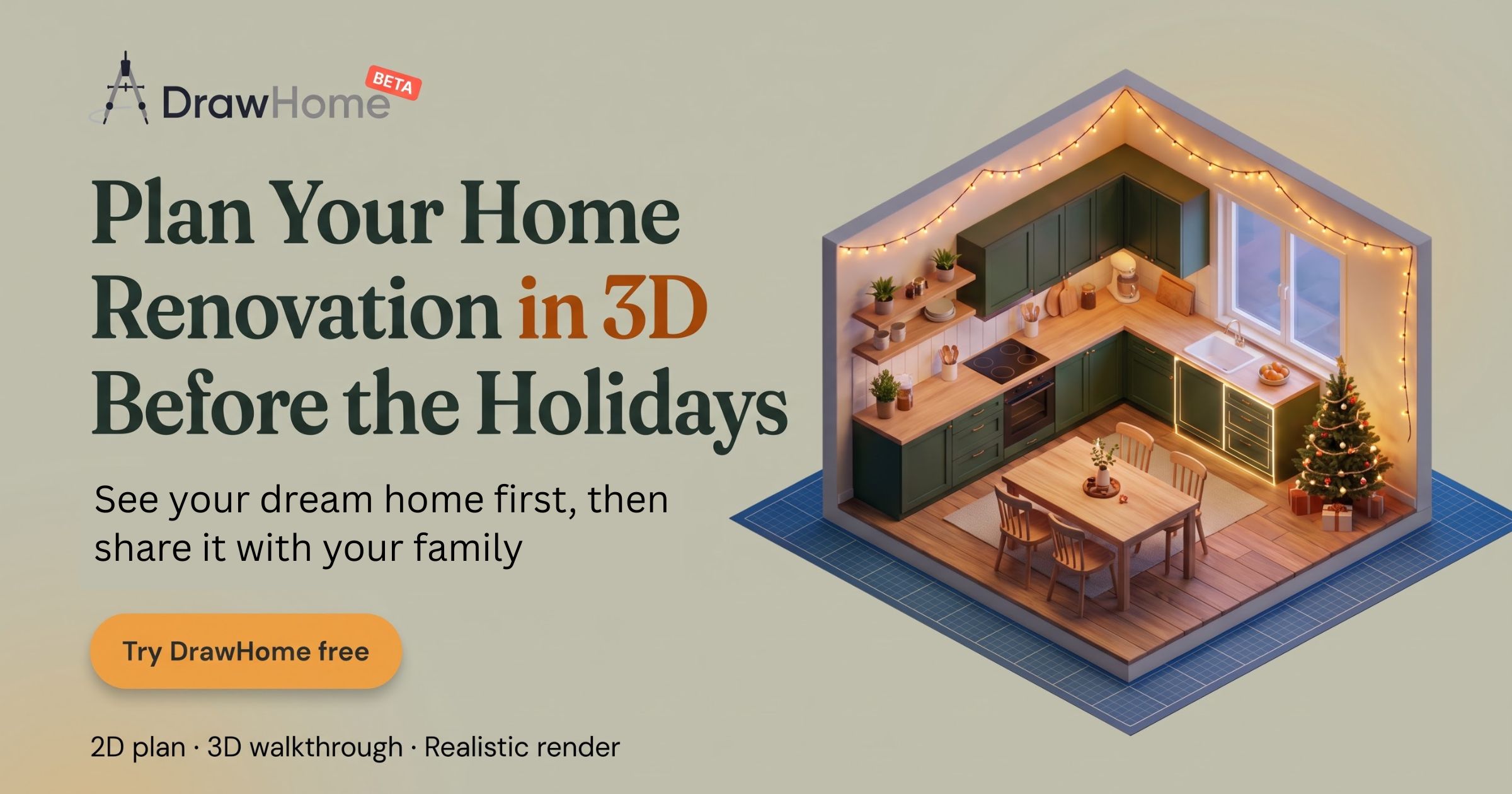 2D floor plan turning into a 3D home", "family looking at a 3D kitchen design on a screen